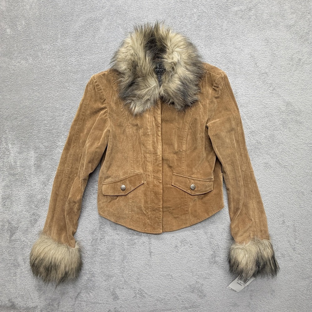 I.N.C. Jacket Womens S Petite BROWN Hooded Lined Fur Trim Snap Pockets Leather